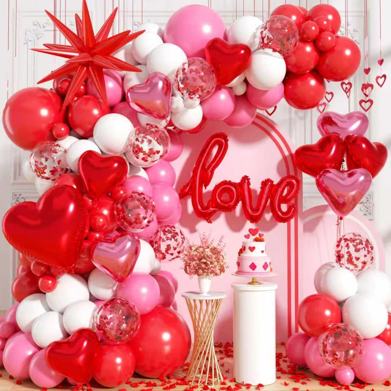 EICUECUE Valentines Day Balloons Garland Arch Kit - Rose Petals, Heart and LOVE Foil Balloon Different Size Pink White Red Balloons for Valentine's Day Galentine's Day Anniversary Party Decorations