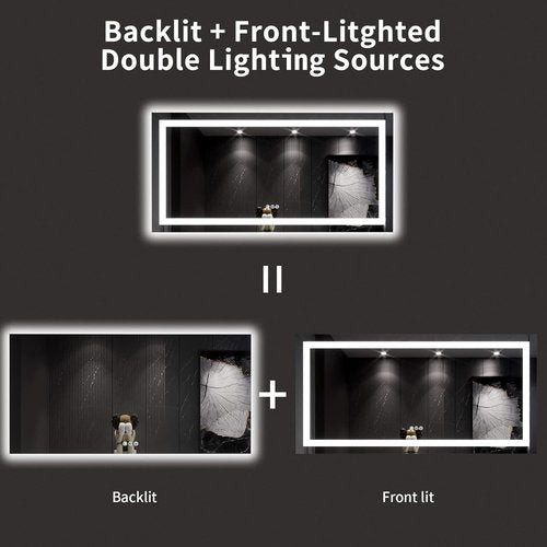 LOAAO LED Bathroom Mirror - 60x30 Inch, Anti-Fog, Dimmable, Backlit & Front Lit, Tempered Glass