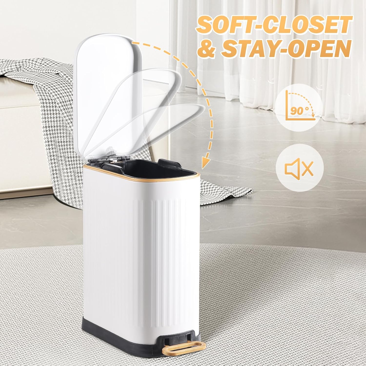 SYNCVIBE Slim Bathroom Trash Can - Soft Close Lid & Removable Inner Bucket | 3.5 Gallons, Matte White