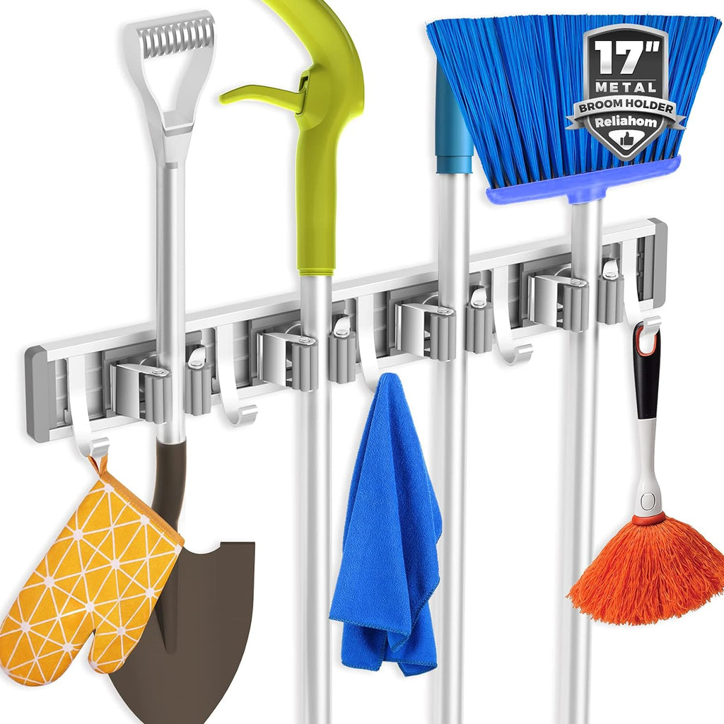 Reliahom Adjustable Broom Holder - Wall Mount Mop Storage Organizer with 4 Racks & 5 Hooks | Silver Finish