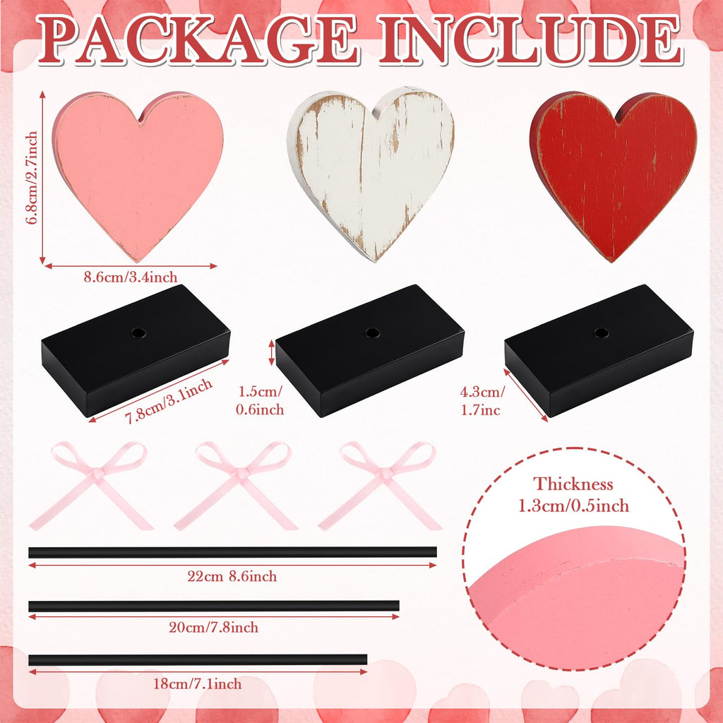 Yerliker 3 Pcs Valentine's Day Wooden Hearts Shape Sign, Valentines Day Farmhouse Table Decor, Rustic Pink Heart Shaped Standing Block, Love Signs for Centerpieces Wedding Party Favor Supplies