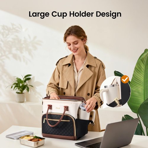 LOVEVOOK Lunch Bag Women, Insulated Adult Lunch Box for Women Work, Wide Opening Leakproof Cooler Tote Bag for Office Campus Picnic Beach with Shoulder Strap, Loncheras Para Mujer with Cup Holder