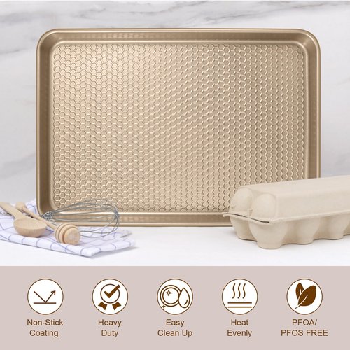 Wildone 2 Pack Half Sheet Baking Pans, Honeycomb Embossed Nonstick Baking Sheet 17.5x12 In, Thicker Carbon Steel Cookie Sheet, Even Heating & Warp Resistant, Champagne Gold