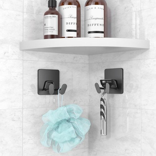 Adhesive Shower Hooks - Extra Sticky Stainless Steel Double Hooks for Razor, Towel & Loofah | Matt Black, 4-Pack