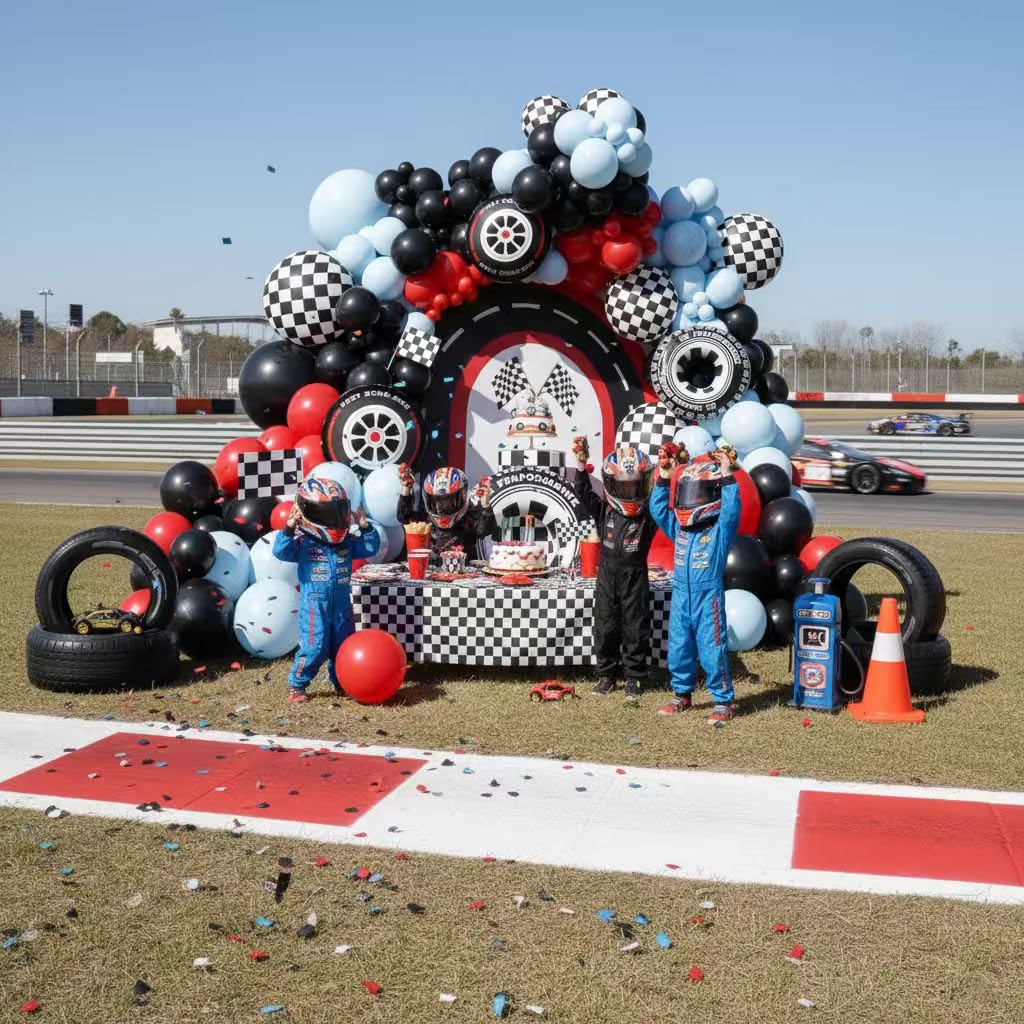 EICUECUE Race Car Balloon Arch Kit - 168Pcs Different Size Balloons Tire Flags Checkered Black Red Blue Balloon Garland Kit for Racing Car Two Fast 2nd Theme Boy Birthday Anniversary Party Decorations