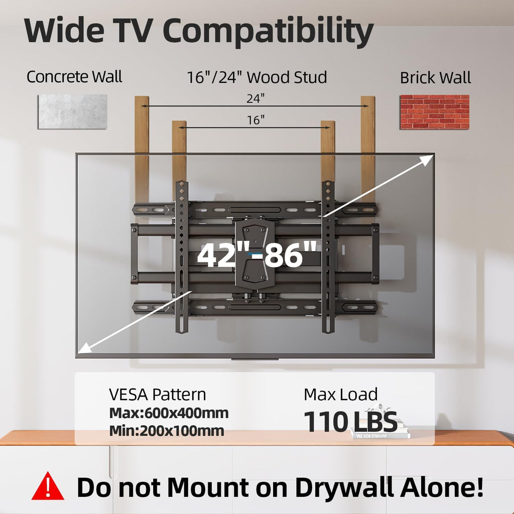 USX STAR Full Motion TV Wall Mount - Adjustable Swivel & Tilt for 42-86 Inch TVs, Max VESA 600x400mm, 110 LBS Capacity