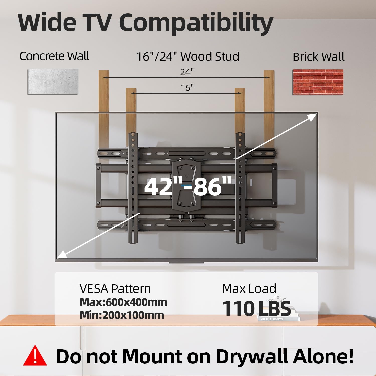 USX STAR Full Motion TV Wall Mount - Adjustable Swivel & Tilt for 42-86 Inch TVs, Max VESA 600x400mm, 110 LBS Capacity