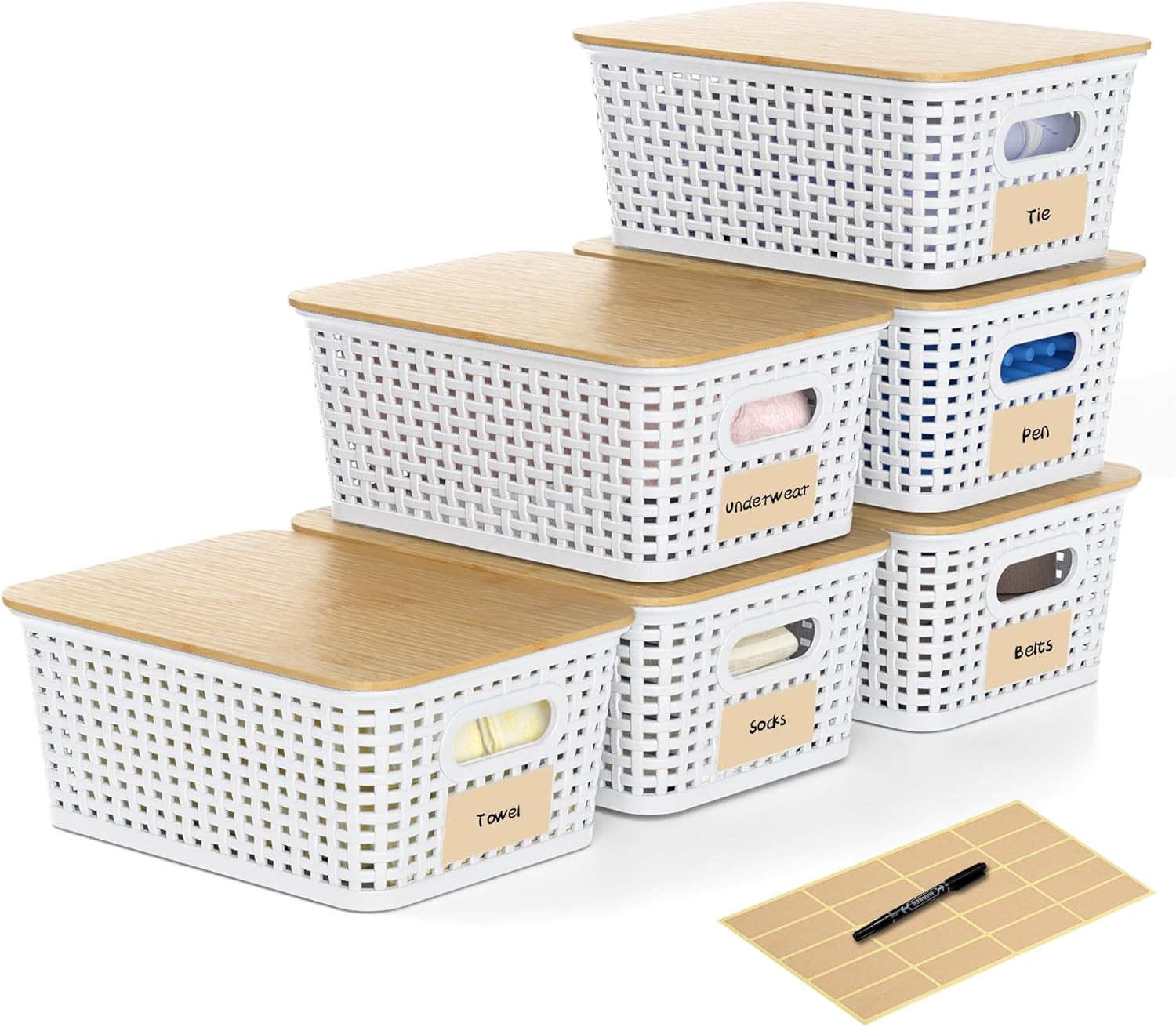 Skiennix Plastic Storage Baskets - Stackable Containers with Bamboo Lids & Labels | 6-Pack White
