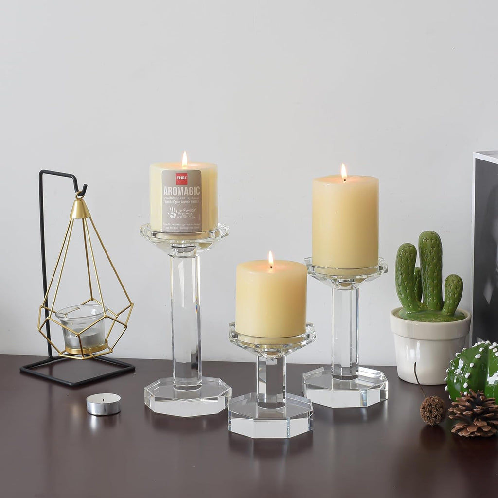 Skiennix Crystal Candlestick Holders - Set of 3 Clear Holders for Taper & Pillar Candles | Elegant Table Centerpieces (4''/6''/8'' Tall)