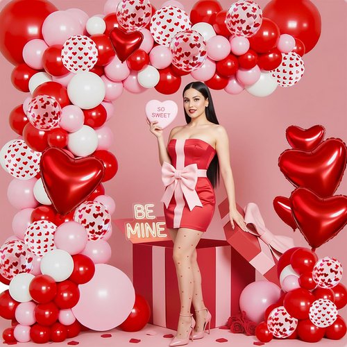 Valentines Day Balloon Arch Garland Kit, 138pcs Pink White Confetti Heart Balloons I LOVE YOU Foil Balloons for Valentine's Day Decorations Wedding Engagement Anniversary Party Supplies