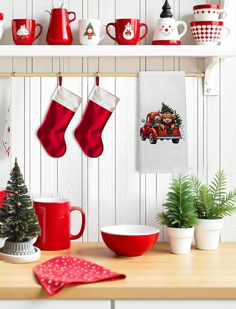 Red Truck Highland Cow Christmas Kitchen Towels – 16x24 In, Color-15