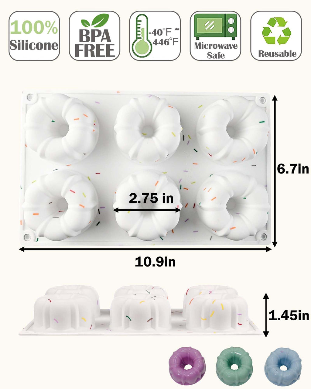 SmartKitch Jello Molds, 3pcs Silicone Fluted Tube Cake Pans, 6-Cavity Non Stick Silicone Baking Molds for Cupcake, Donuts, Muffin, Cornbread, Brownie, Jellies (Confetti)
