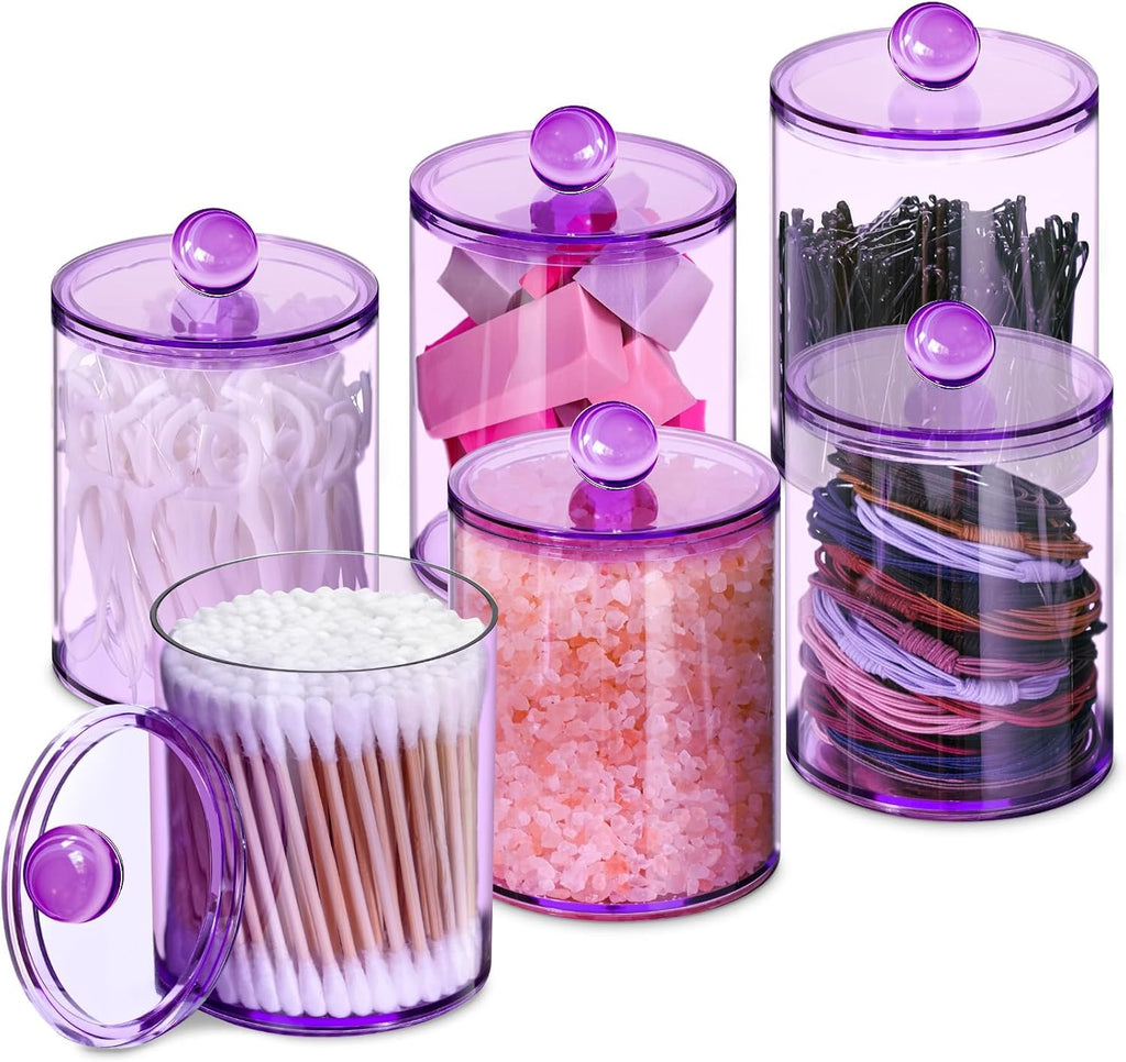 XIPENGKEJI Qtip Holder Set - 6 Pack Apothecary Jars with Lids for Cotton Swabs & Pads | 10oz-12oz Purple
