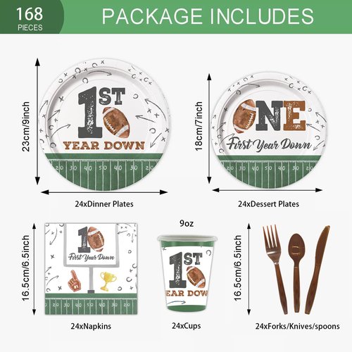 LANGASQUE Football First Year Down Birthday Decorations, 168pcs Paper Plates Napkins Set Football Theme Dinnerware Including Plates, Napkins, Cups, Knives, Forks, Spoons for Birthday Party Supplies