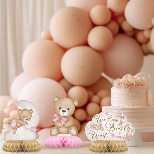 Pink Bear Party Centerpiece Set - Girl Teddy Bear Honeycomb Birthday Decorations and Bear Table Toppers for Kids' Bear-Themed Birthday and Baby Shower Table Decor