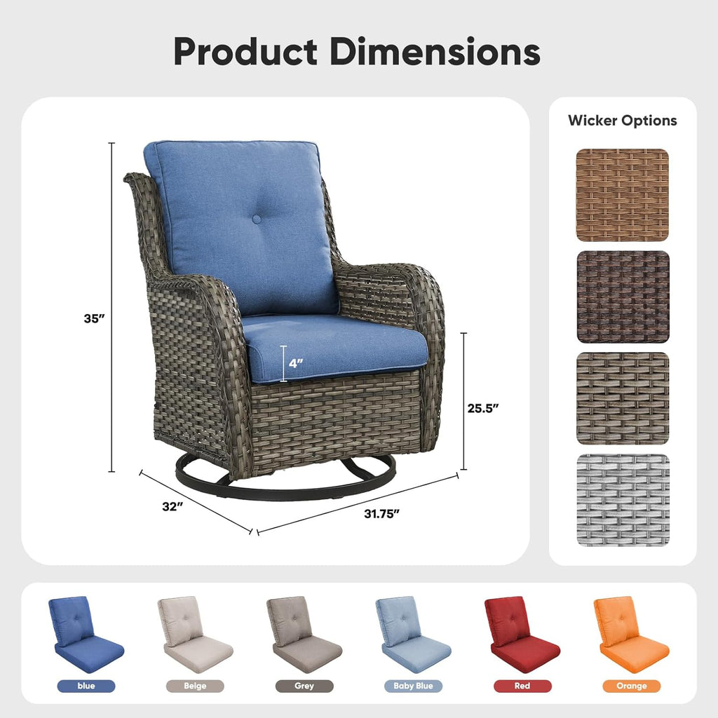 Belord Outdoor Swivel Chairs - Set of 2 All-Weather Wicker Rockers for Patio & Porch - Gray/Blue