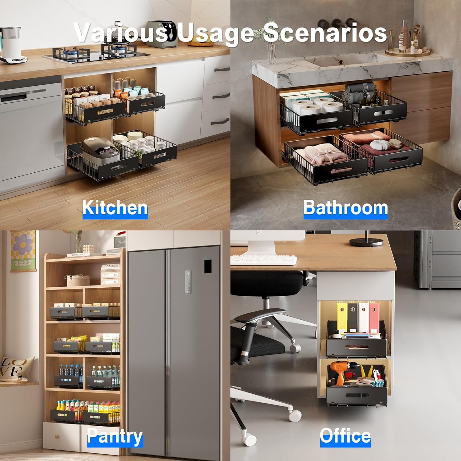 Mustorn Pull Out Cabinet Organizer - Heavy Duty Slide Out Drawers for Kitchen & Bathroom | 16.5"D x 11.8"W x 3.94"H - Black