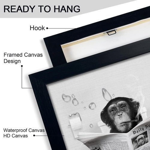Funny Monkey Framed Wall Art - Humorous Black and White Bathroom Decor | Rustic Farmhouse Style (8"x10")