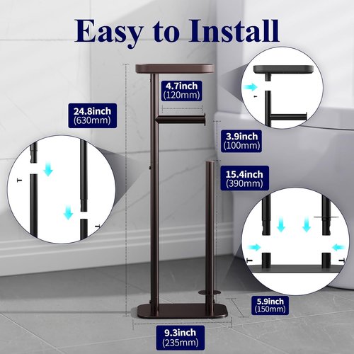 Kitsure Free Standing Toilet Paper Holder - Rustproof Metal Stand for 4 Rolls with Anti-Slip Base & Shelf, Medium Brown