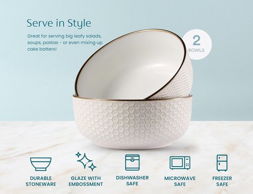 KooK Ceramic Salad Bowls - Embossed Large Serving Bowls | Microwave & Dishwasher Safe, Cream with Dark Copper Accents, Set of 2, 60 oz