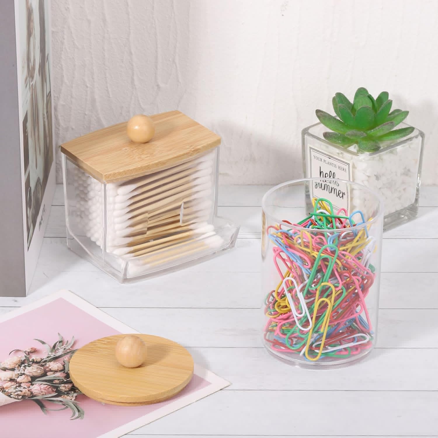 Bamboo Bathroom Accessories Set - 4-Piece Clear Toothbrush Holder & Soap Dispenser | Qtip Container