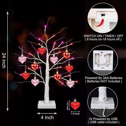 Valentines Day Decor 2 Pack 24 Inch Lighted Valentines Decorations Tree with 20 Heart Ornament, Timer/USB/Battery Operated Valentines Decor Tree Valentines Day Decorations for Home Table Bedroom Party