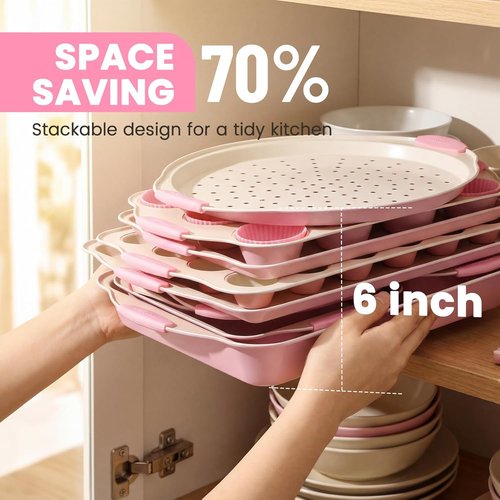 Kikcoin Nonstick Baking Pans Set - 22 PCS Stackable Bakeware with Silicone Handles | 450°F Oven Safe, Pink