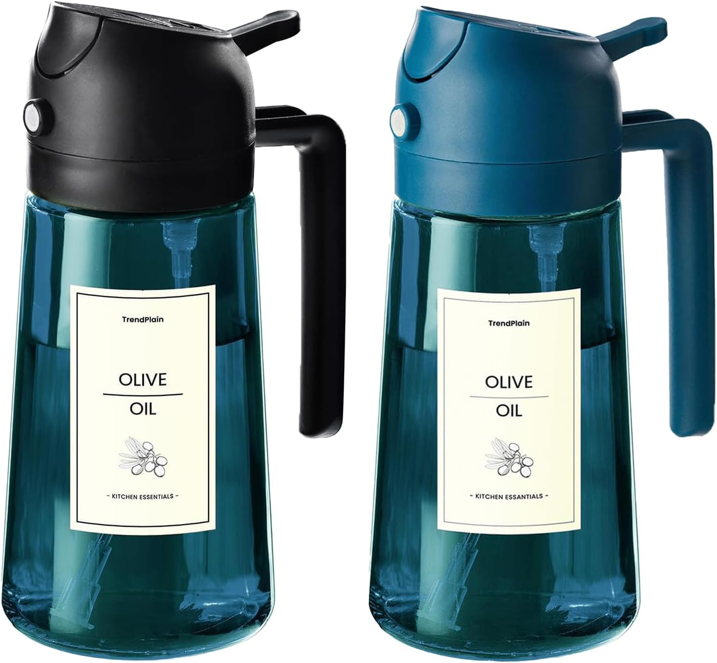 TrendPlain Blue Glass Olive Oil Sprayer - 2-in-1 Dispenser for Cooking & BBQ | 16oz Capacity, Black & Navy