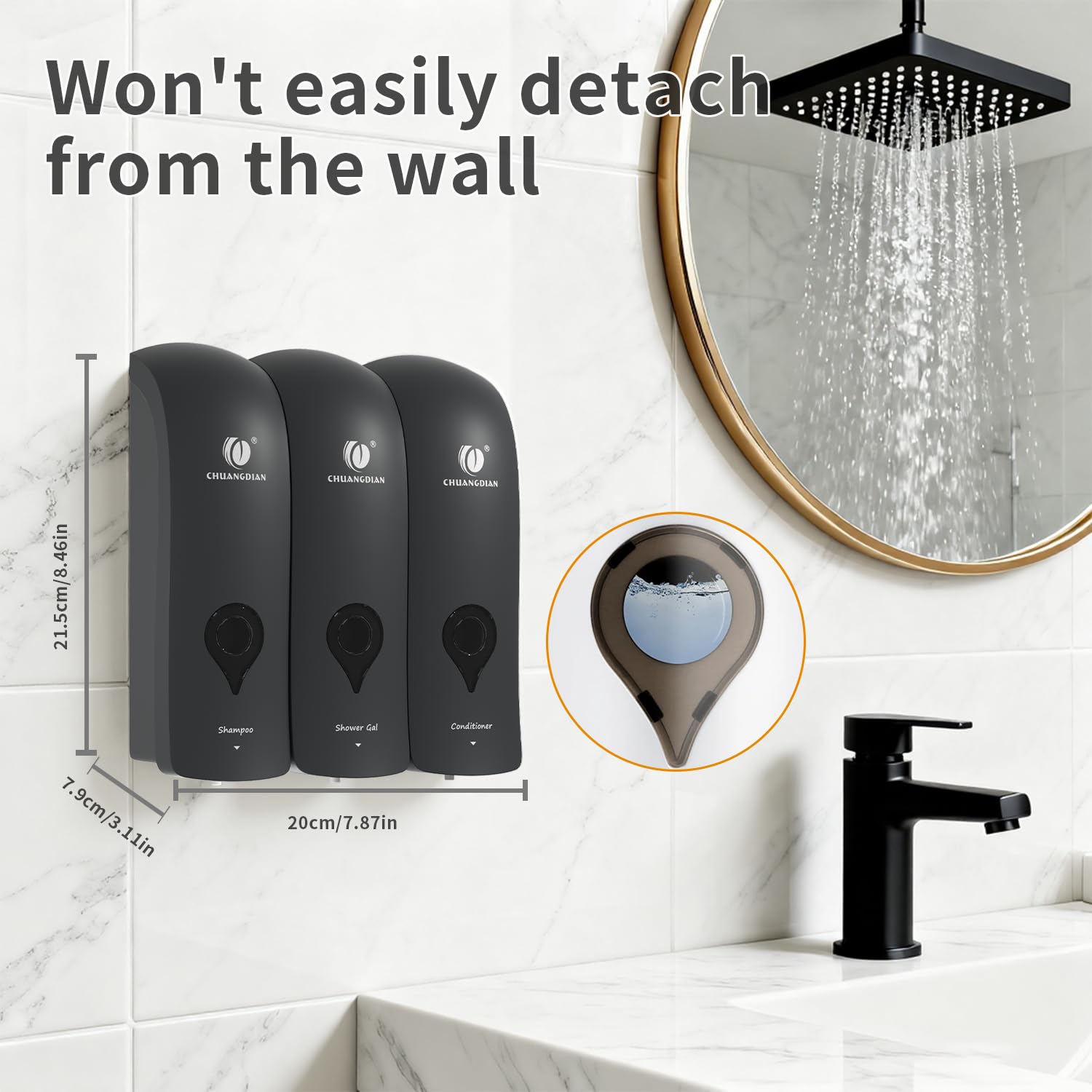 CCITOW Shampoo Conditioner Body Wash Dispenser, Wall-Mounted Bathroom Soap Dispenser Set of 3 (Black), Refillable Shower Soap Shampoo Dispenser for Bathroom,Kitchen,Hotel and Airbnb