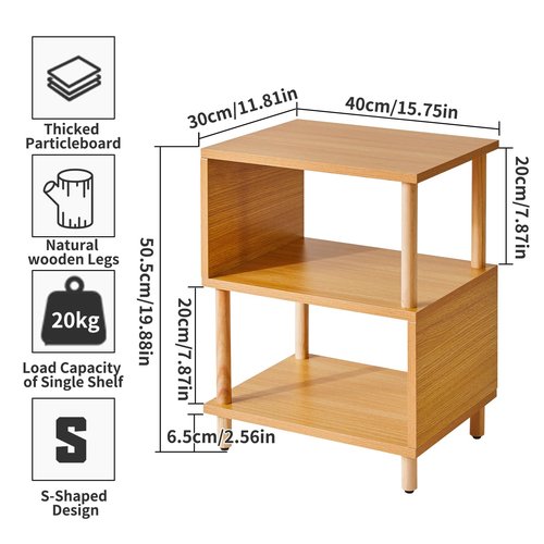 Aibiju Wooden Night Stand with Open Shelf, Nightstand with Solid Wood Legs, S-Shaped Bed Side Table 3 Tier, End Table Natural Wood YD-TM152N
