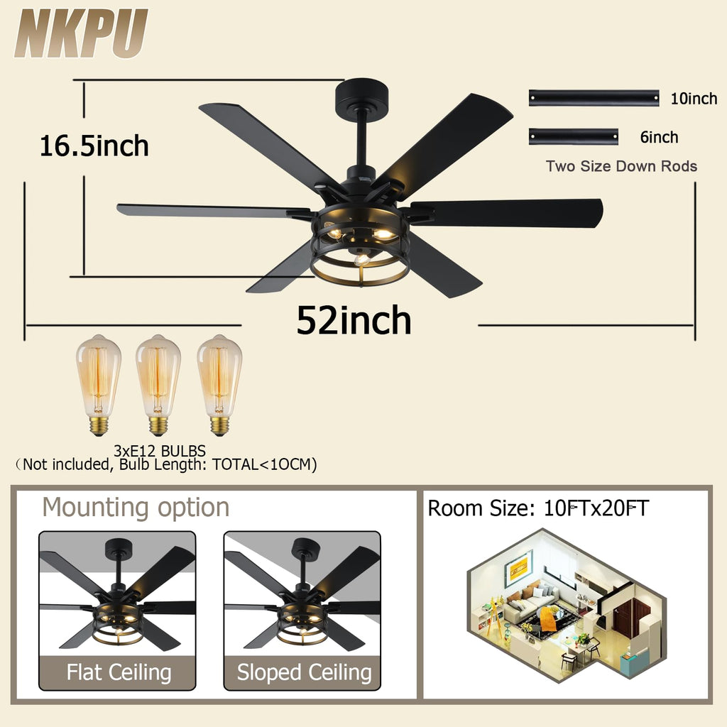 NKPU 52 Inch Farmhouse Ceiling Fan with Light and Remote, Black Industrial Caged Rustic Ceiling Fan with 6 Speed Reversible Motor and Dual Finish 6 Blades, Rustic Ceiling Fan for Living