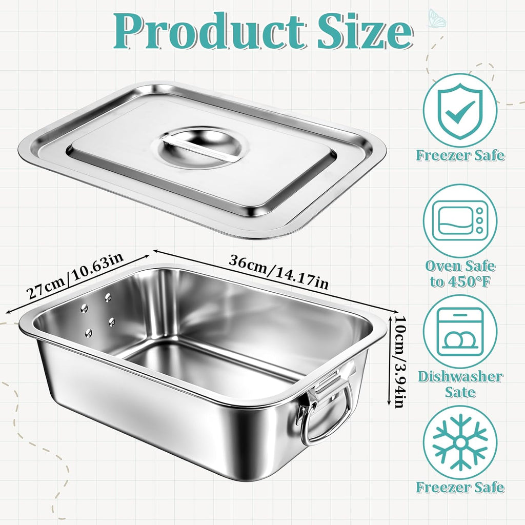 Stainless Steel Lasagna Pan by [Brand Name] - 4 Inch Extra Deep with Lid & Handles | 14x10.6 Inch Nonstick Roasting Dish