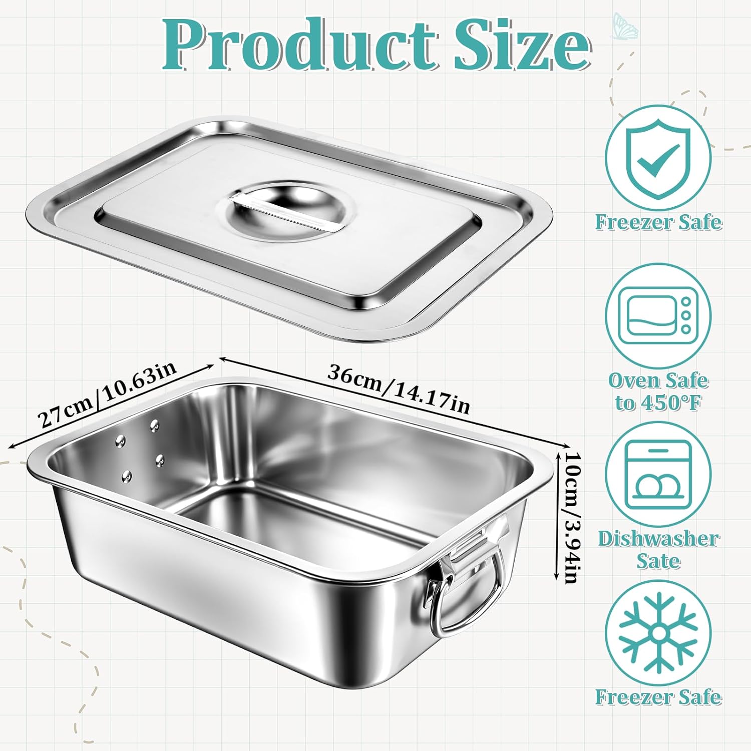 Stainless Steel Lasagna Pan by [Brand Name] - 4 Inch Extra Deep with Lid & Handles | 14x10.6 Inch Nonstick Roasting Dish