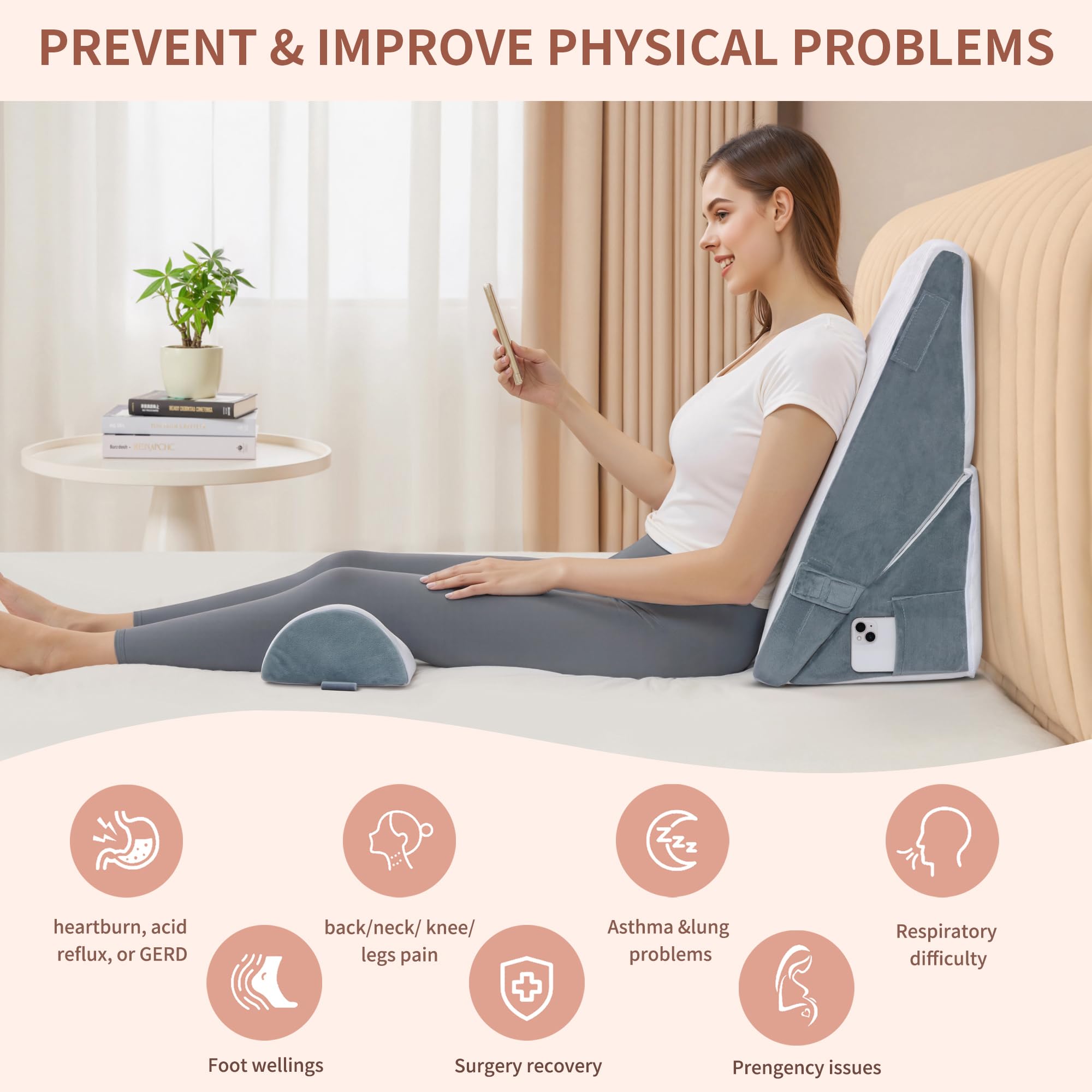 VMFKPNR 3PCS Bed Wedge Pillow Set for After Surgery, 9&12inch Orthopedic Memory Foam Adjustable Pillow Wedge for Acid Reflux Relief, Back Pain, Neck&Back Support