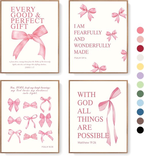 LARTSFRO Coquette Pink Bow Christian Wall Art - Inspirational Bible Verses Decor | Set of 4 Unframed 10x8 Inch Prints