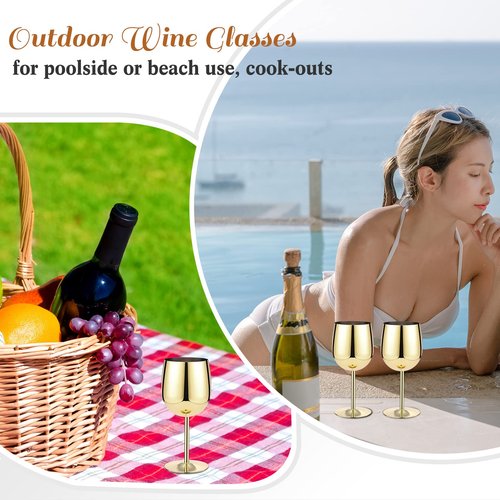 Irenare Set of 12 Stainless Steel Wine Glasses Gold 12 oz Metal Wine Goblets Unbreakable Portable Stemmed Wines Glasses for Wedding Anniversary Party Travel Camping Outdoor Picnics