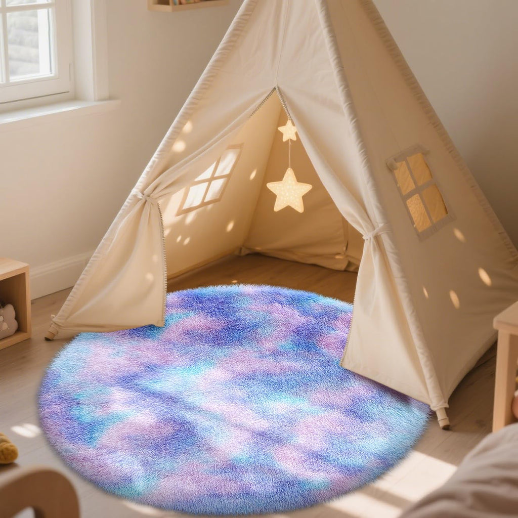 OLANLY Round Purple Rainbow Rug - Soft, Fluffy, Machine Washable 4x4 Feet Area Rug for Bedroom & Nursery Decor