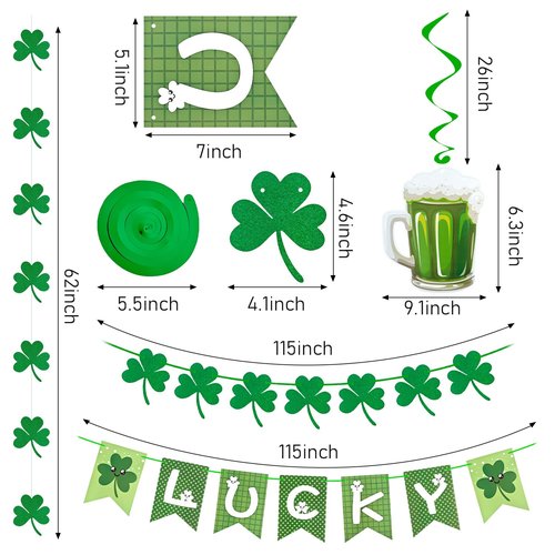 Butie 41 Pcs St Patricks Day Decorations, Pre-Assembled Shamrock Banner Garland, Hanging Swirls, Paper Fans & Pompoms for Office & Home Wall Door, Irish Party Supplies