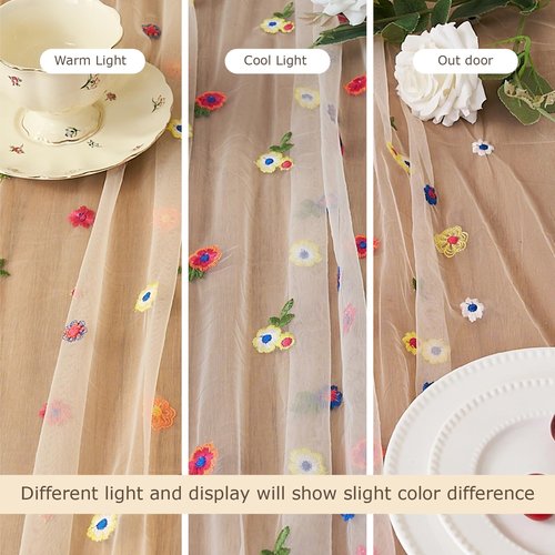 Champagne Embroidery Daisy Table Runner 10ft 120 Inch Fall Florals Gauze Tulle Sheer Cheesecloth Holiday Kitchen Dining Table Decoration for Home Wedding Party Baby Shower Birthday Decorations