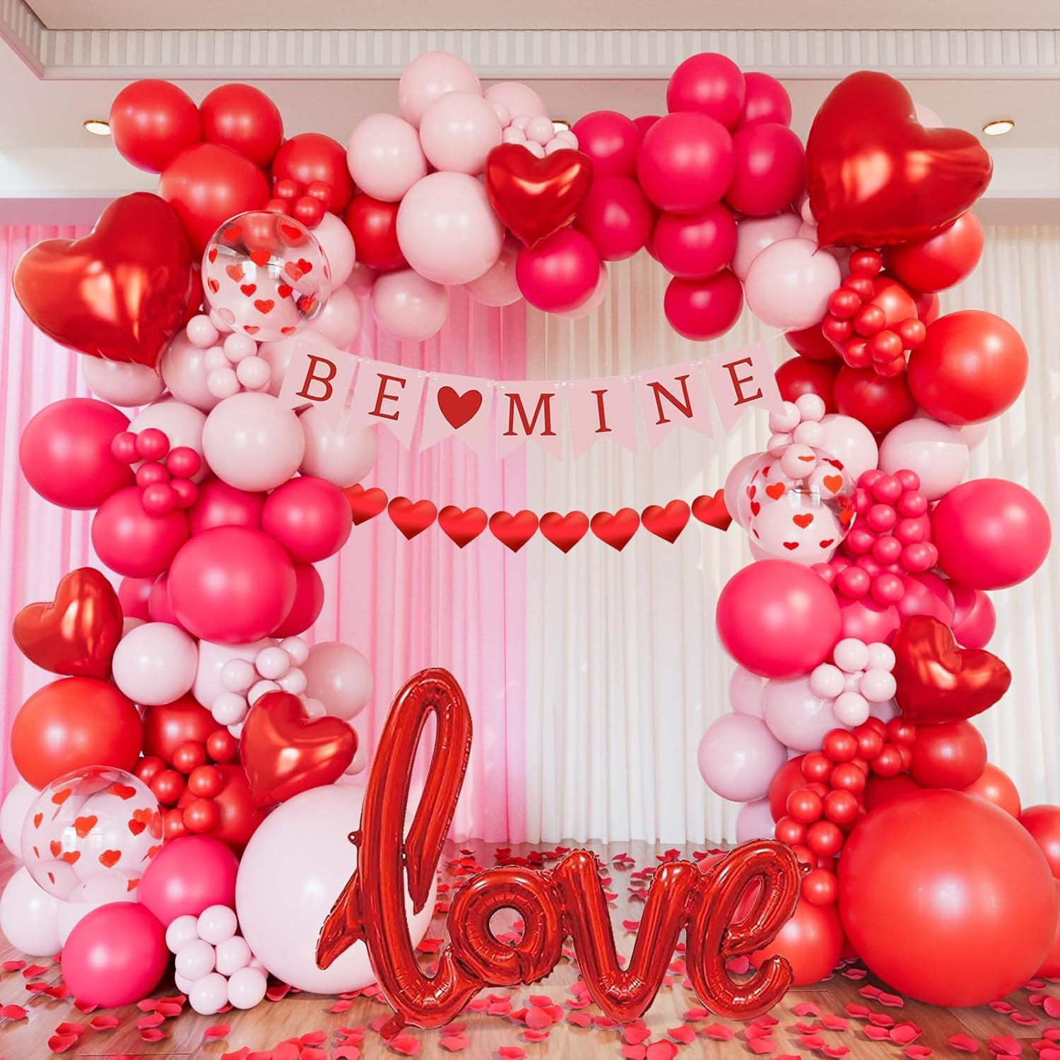 CboDeco Pink and Red Balloon Arch Kit, Red and Pink Balloons Garland With Heart Foil Balloon, Rose Petals, Banner & Garland for Valentine's Day Wedding Engagement Anniversary