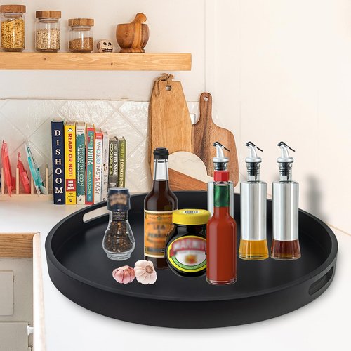 Large Round Black Tray, 20" Extra Large Black Ottoman Tray, Wood Serving Trays, Decorative Trays with Handles for Home Kitchen