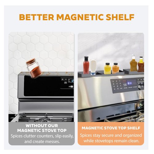BoBoWalk 30 Inch Magnetic Silicone Stove Top Shelf, Heat Resistant Spice Rack for Kitchen, Space Saving Organizer with 6 Sticky Pads, Fits Back of Stove（Black 30''x3.8''）