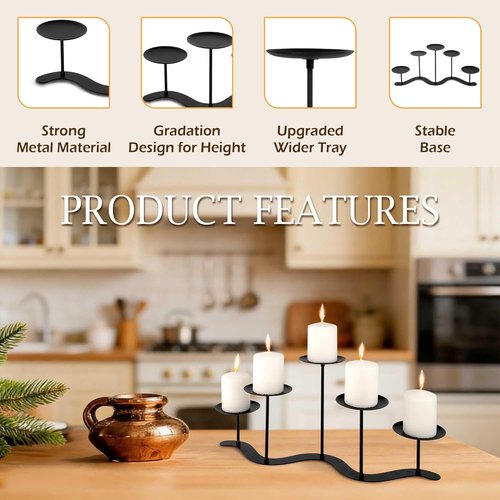 Black Iron Candelabra Candle Holder - Elegant 5 Arm Metal Centerpiece for Pillar Candles
