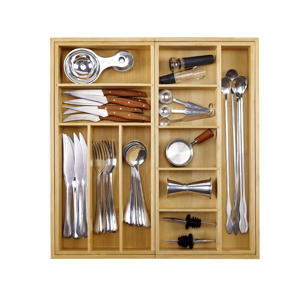 MH MYLUNE HOME Large Bamboo Expandable Drawer Organizer, Silverware Organizer for Drawers, 16 to 30 Inches Wide, 7-13 Slots, Kitchen Drawer Organizers for Utensils, Bamboo Wood Cutlery Organizers