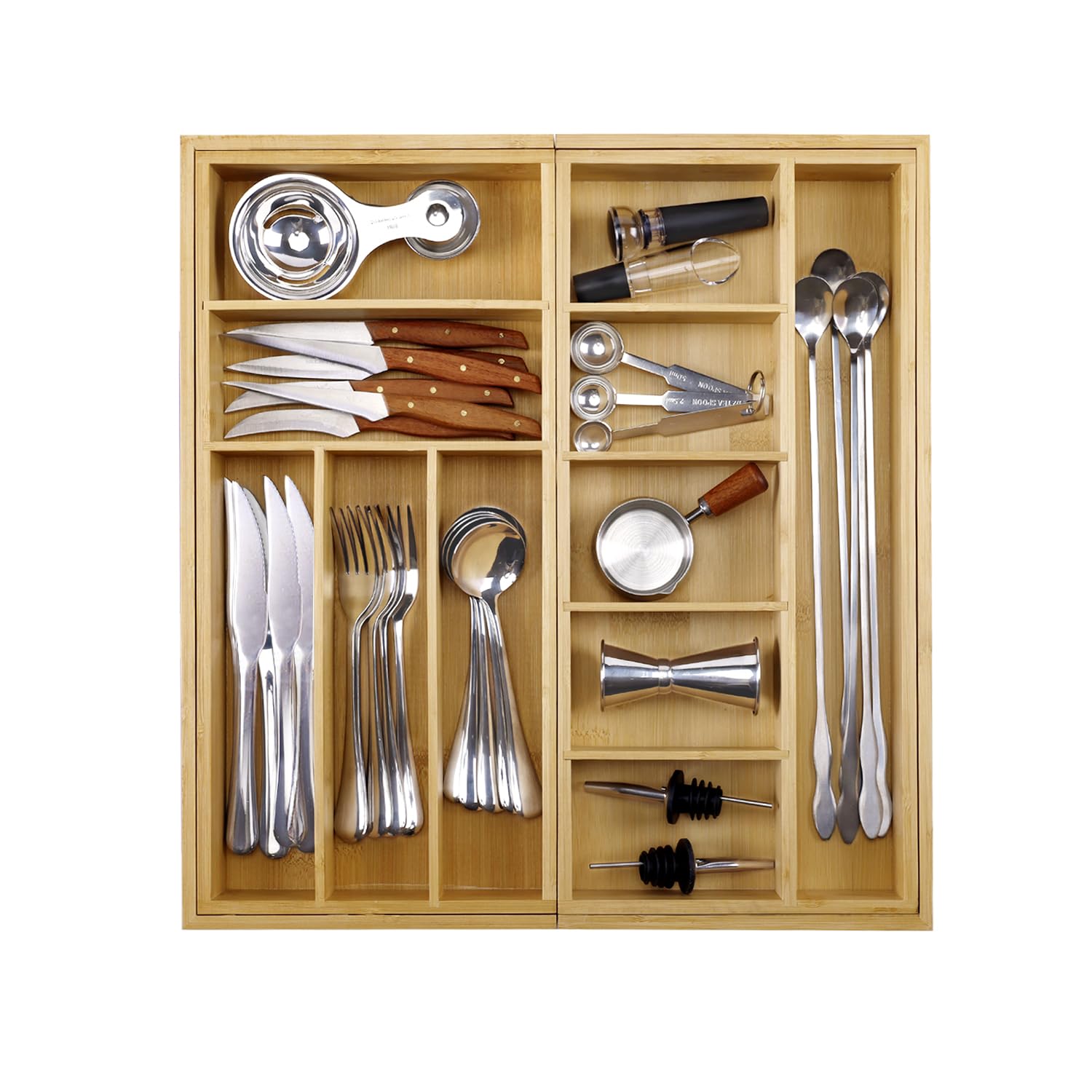 MH MYLUNE HOME Large Bamboo Expandable Drawer Organizer, Silverware Organizer for Drawers, 16 to 30 Inches Wide, 7-13 Slots, Kitchen Drawer Organizers for Utensils, Bamboo Wood Cutlery Organizers