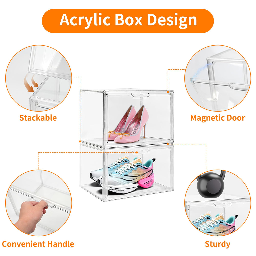 Seaniss 1 Pack Clear Acrylic Sneaker Shoe Display Case,Shoe Storage Boxes Stackable,Acrylic Boxes for Shoes Display with Lid,Boot Storage Organizer for Tall Boot,Purse Handbag Organizer for Closet