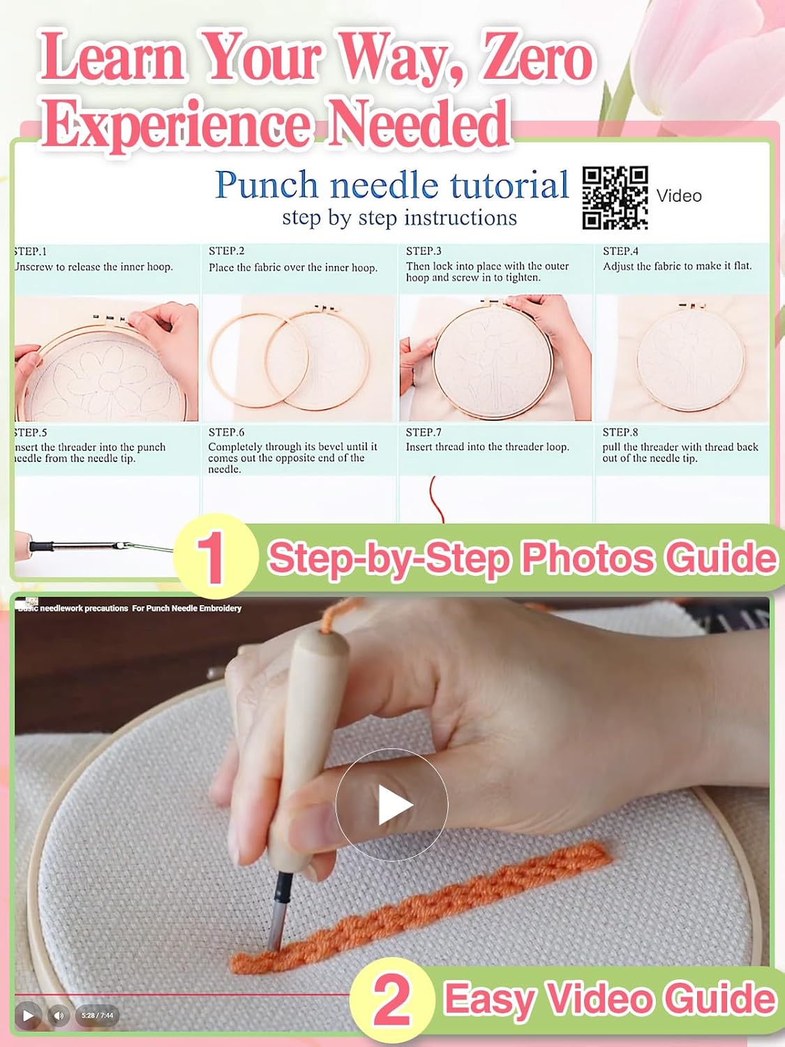 Tulip Punch Needle Kit for Beginners - Step-by-Step Guide, Fabric, Hoop, Needle & Yarns Included