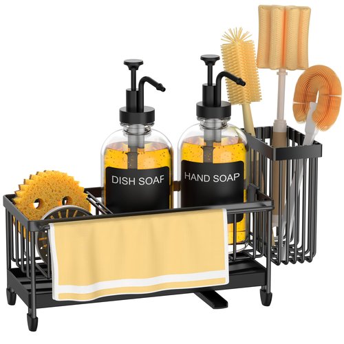 Kitchen Soap Dispenser Set with Sponge Holder and Towel Rack, 17OZ Glass Bottle, Hand and Dish Soap Dispenser Set, Non-Slip Silicone Pad, Brush Holder, Kitchen Sink Caddy Organizer Countertop