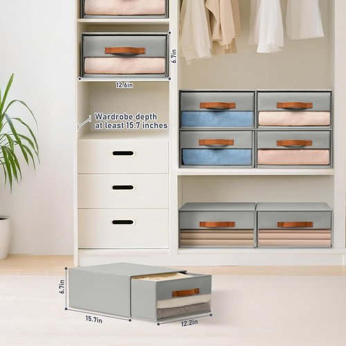 DIMJ Closet Organizers - Foldable Fabric Bins with Clear Window, Stackable Storage Drawers, 4-Pack, Grey