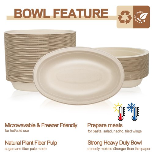 100 Pack 28 oz Oval Paper Bowls【with 100 Forks】, Compostable Bagasse Disposable Bowls, Microwave Safe Serving Bowl, Heavy Duty Paper Bowl Perfect for Nacho, Burrito, Salads, Pasta, Party Supplies